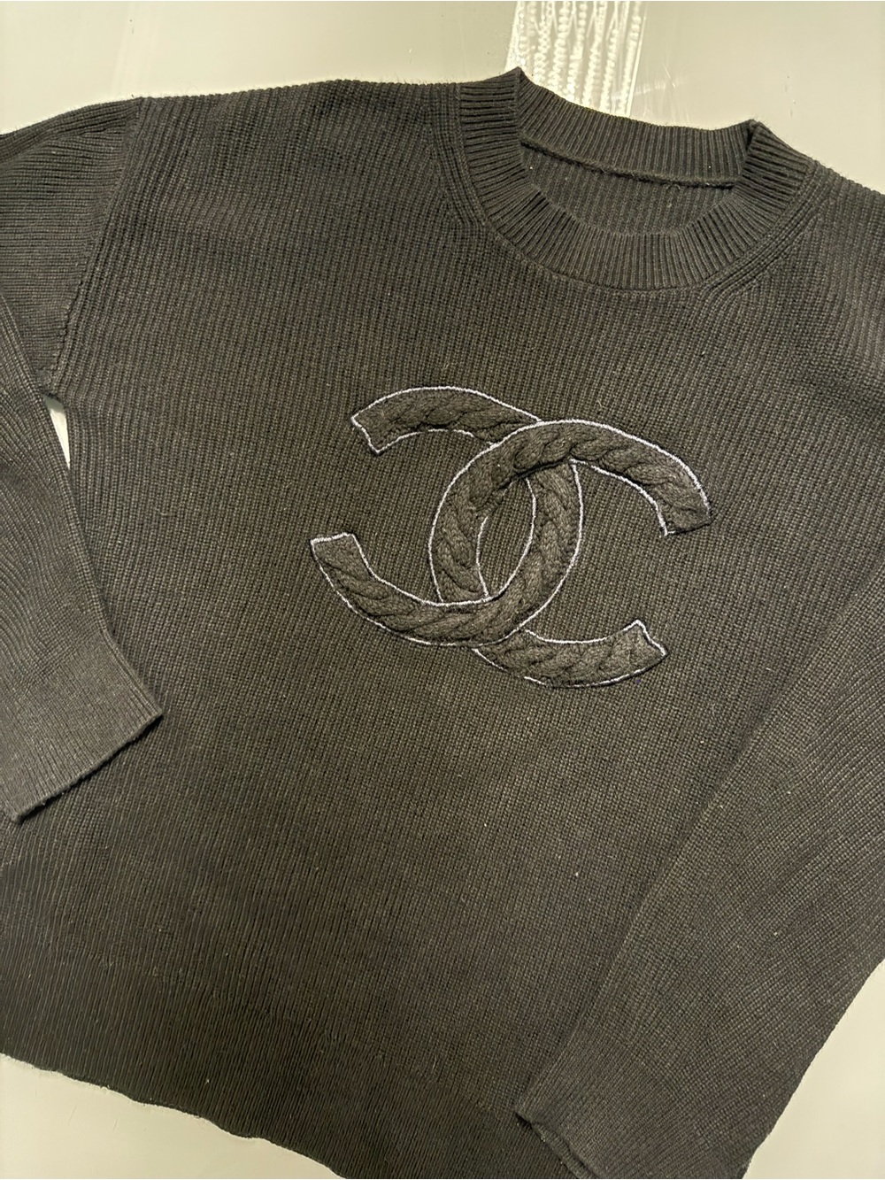 CHANEL Black Crewneck Sweater with Embroidered CC Logo - Picture 4 of 7
